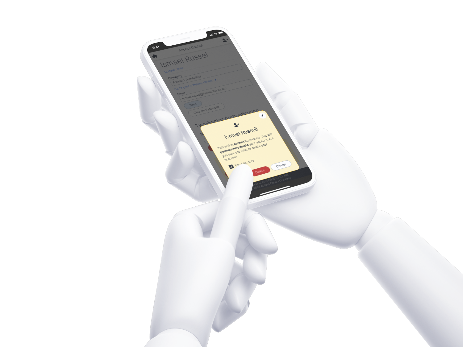 Shows a hand holding a phone, with the user page, and a dialogue box to delete the user