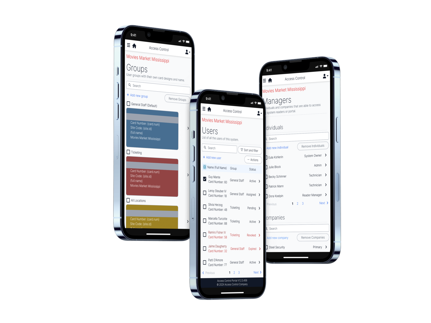 Three phones with the pages “Group”, “Users”, and “Managers”
